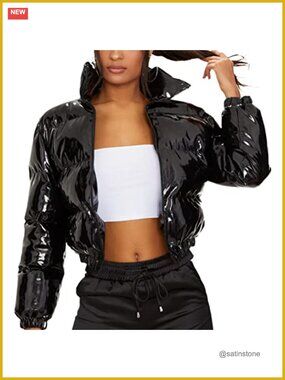 Women's Cropped Puffer Jacket Winter Quilted Shiny Zip Up Short Bubble Coat
